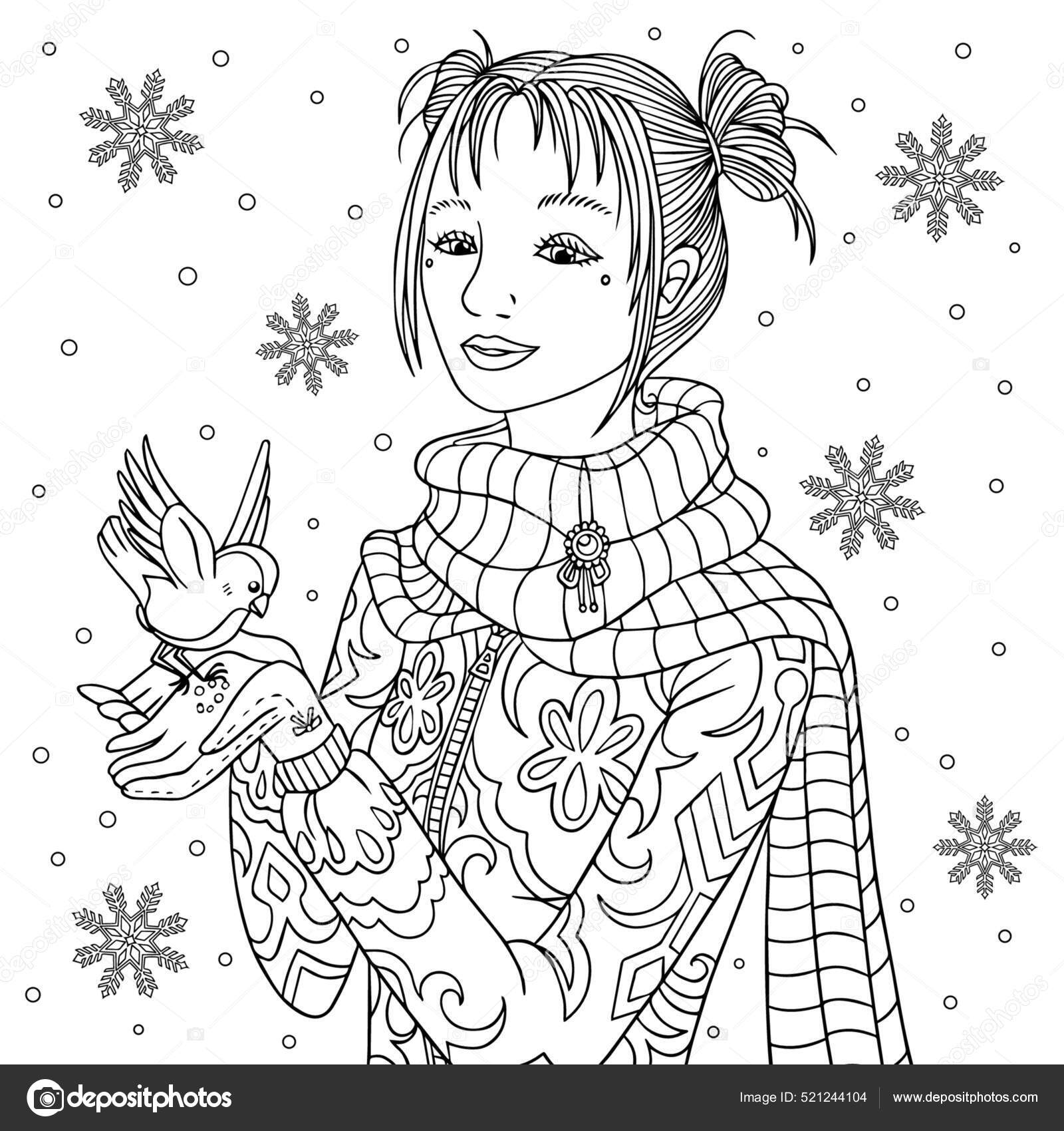 Girl Feeds Titmouse Snowy Winter Coloring Book Page Beauty Bird